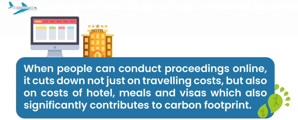 Online legal proceedings cut travel and lodging costs, aiding in carbon footprint reduction